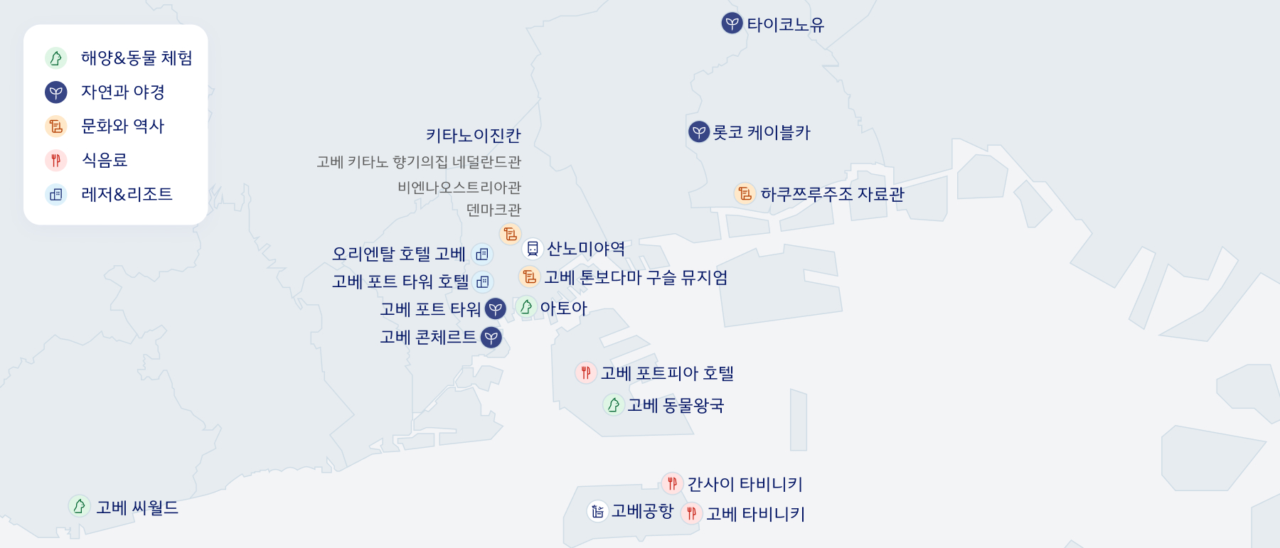 해양&동물 체험 - 아토아, 고베 동물왕국, 자연과 야경 - 타이코노유, 고베 포트 타워, 고베 콘체르트, 문화와 역사 - 하쿠쯔루주조 자료관, 키타노이진칸 (고베 키타노 향기의집 네덜란드관, 비엔나오스트리아관, 덴마크관), 고베 톤보다마 구슬 뮤지엄, 식음료 - 고베 키타노 노스타, 고베 포트피아 호텔